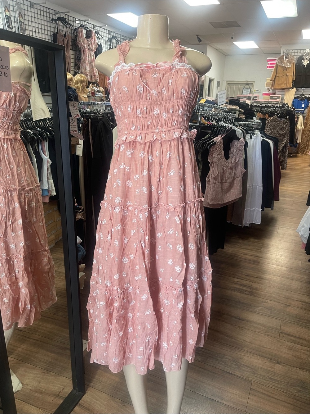 Smocked Pink Floral Midi Sundress